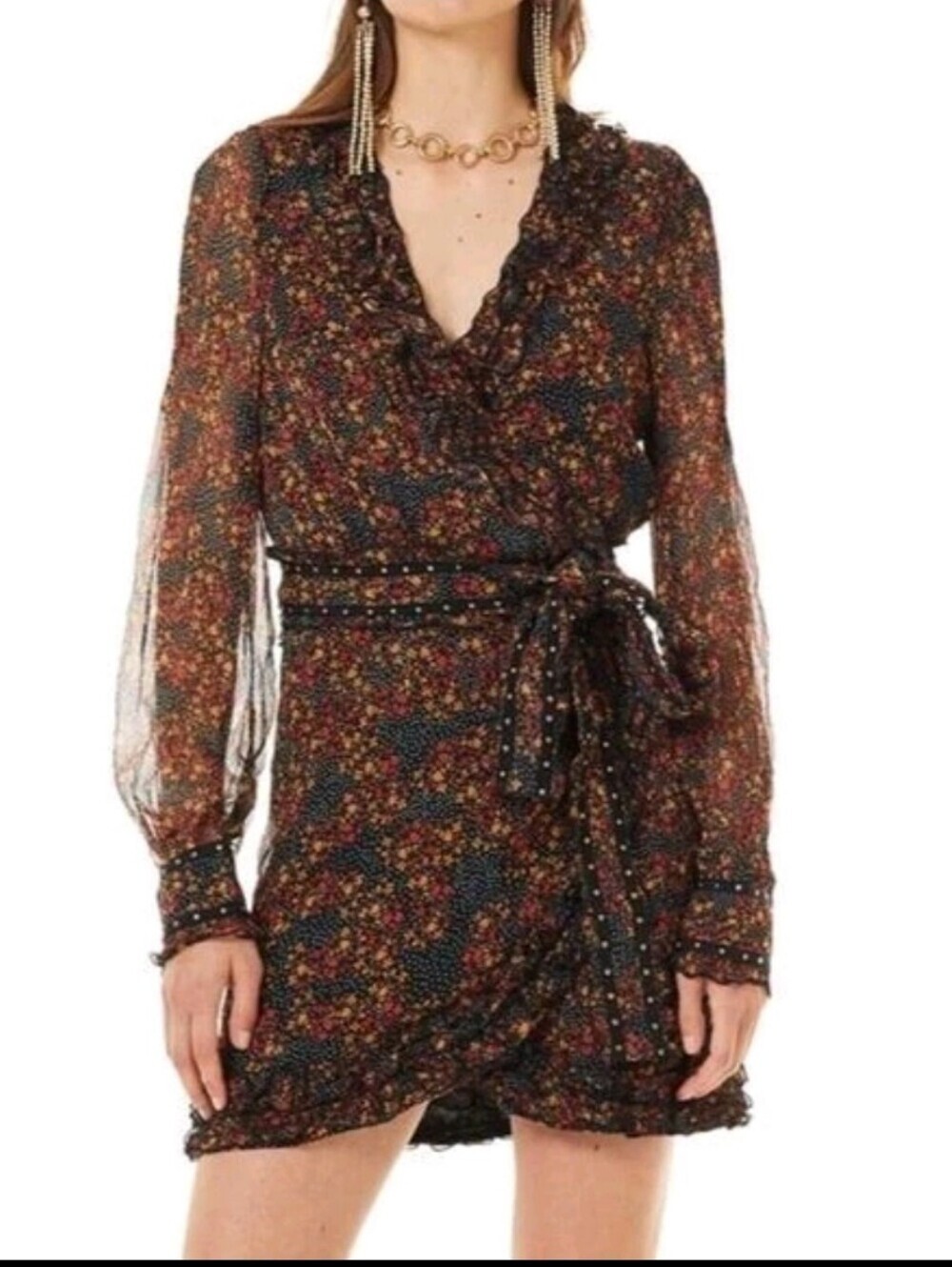 Revolve Stevie May Monarch Butterfly Print Black Long-Sleeve Mini Wrap Dress S
